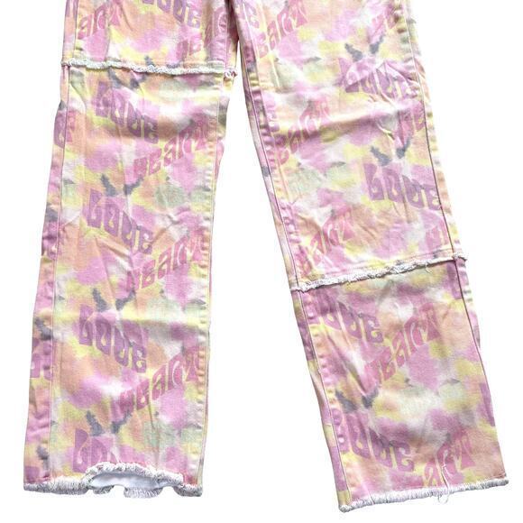Princess Polly Adore You Straight Wide Leg‎ Print Jeans Raw Hem Size 12 - Picture 4 of 8